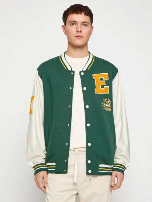 College Jacket Bomber Collar Embroidered Detailed Snap Buttons Pocket